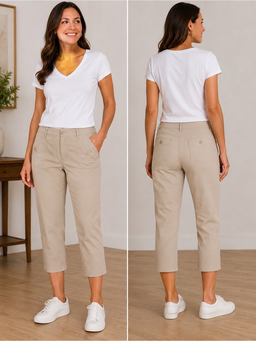 First In Fashion Classic Women’s Beige Straight-Leg Cropped Pants – Size 10